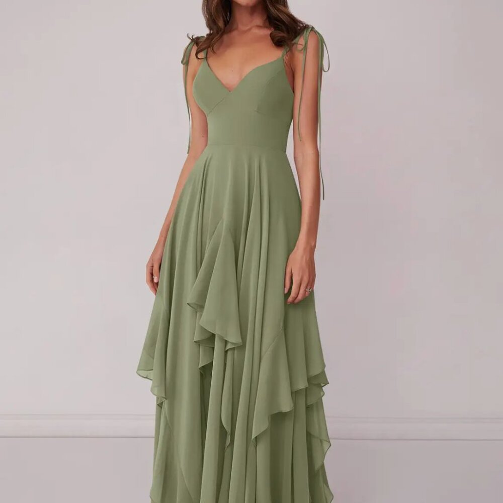 Brand New Barbie x Azazie V-neck Chiffon Tiered A-line Dress Pistachio